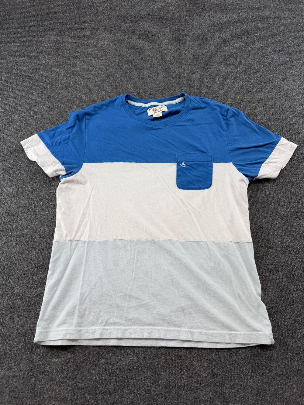Original Penguin Shirt Mens XL Blue Colorblock Pocket Tee Logo Crewneck Casual